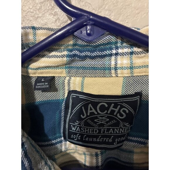 Jachs Button-Down Shirt Mens Washed Flannel Plaid Size XL Blue Cream 100% Cotton - Picture 2 of 6